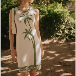 J. McLaughlin Cream Knit Dress Olive Palm Tree sleeveless Medium resort soft